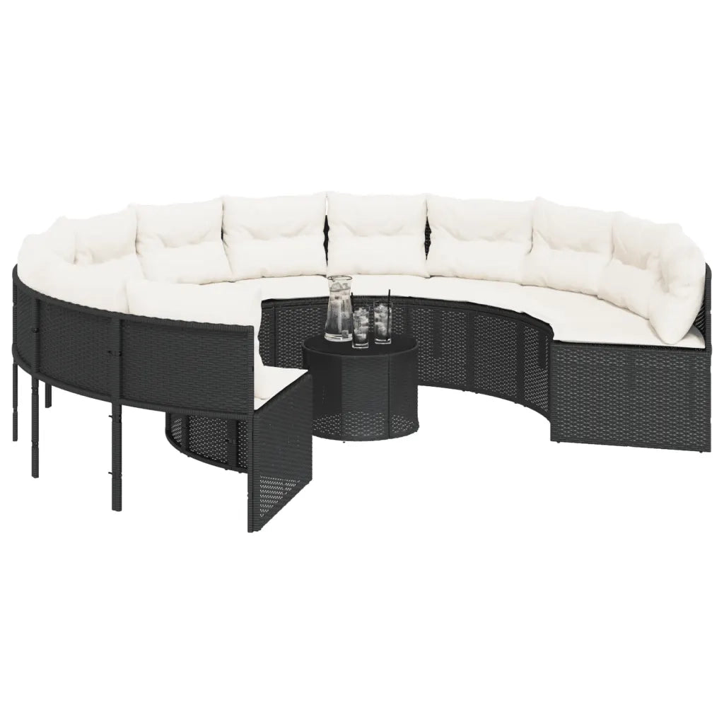 vidaXL Divano Giardino con Tavolo e Cuscini Circolare Nero Polyrattan