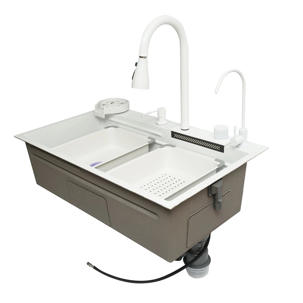 Lavello da cucina multifunzionale in acciaio inox con due rubinetti, funzione cascata, lavapentole, dispenser di sapone, scolapiatti, vassoio, tagliere e accessori di scarico inclusi, dimensioni 75x46x23,5 cm.