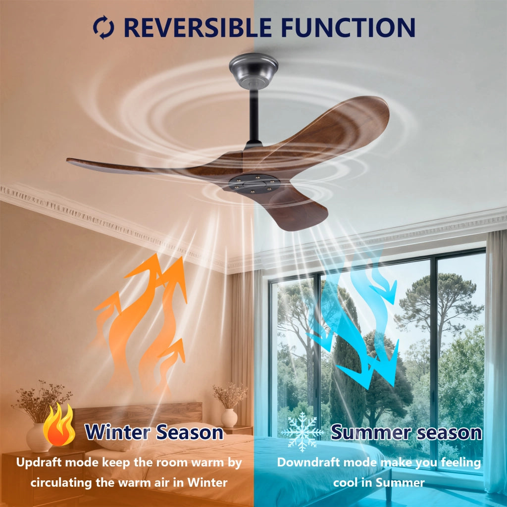 Ventilatore da soffitto 42 pollici, 3 pale legno, design ad elica, funzione memoria, telecomando, finitura noce, per terrazze e soggiorni