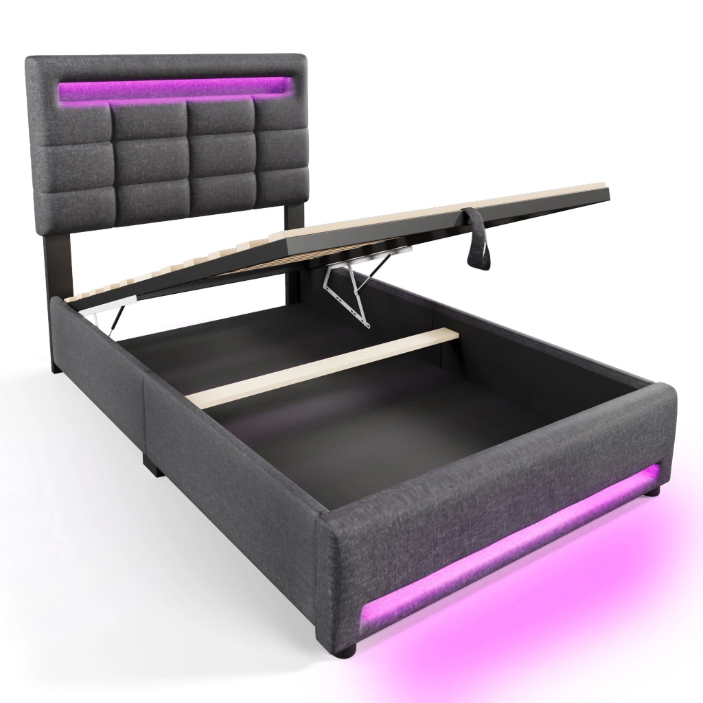 OKWISH Letto Singolo 90×200 cm con Contenitore, LED Regolabile, USB e Controllo tramite App, senza Materasso, in Lino, Grigio