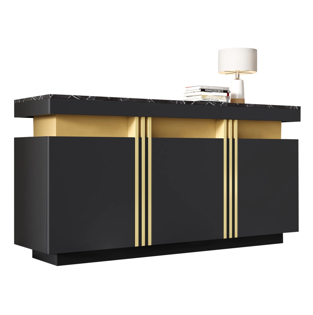 Credenza 140x38x70 cm con 3 ante e ripiani regolabili; effetto marmo in truciolare nero