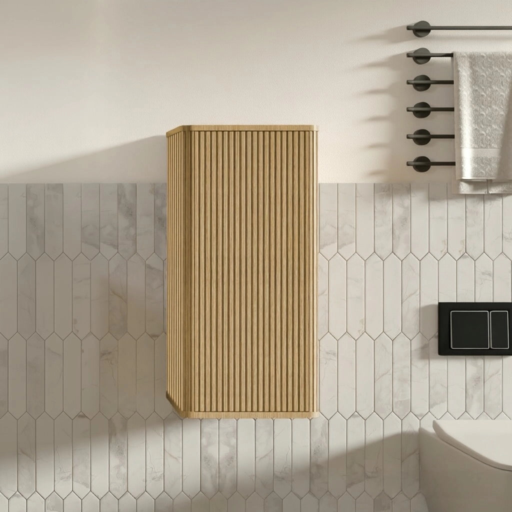 Armadietto da bagno con anta push-to-open e ripiani interni per bagno e soggiorno in MDF e compensato rovere