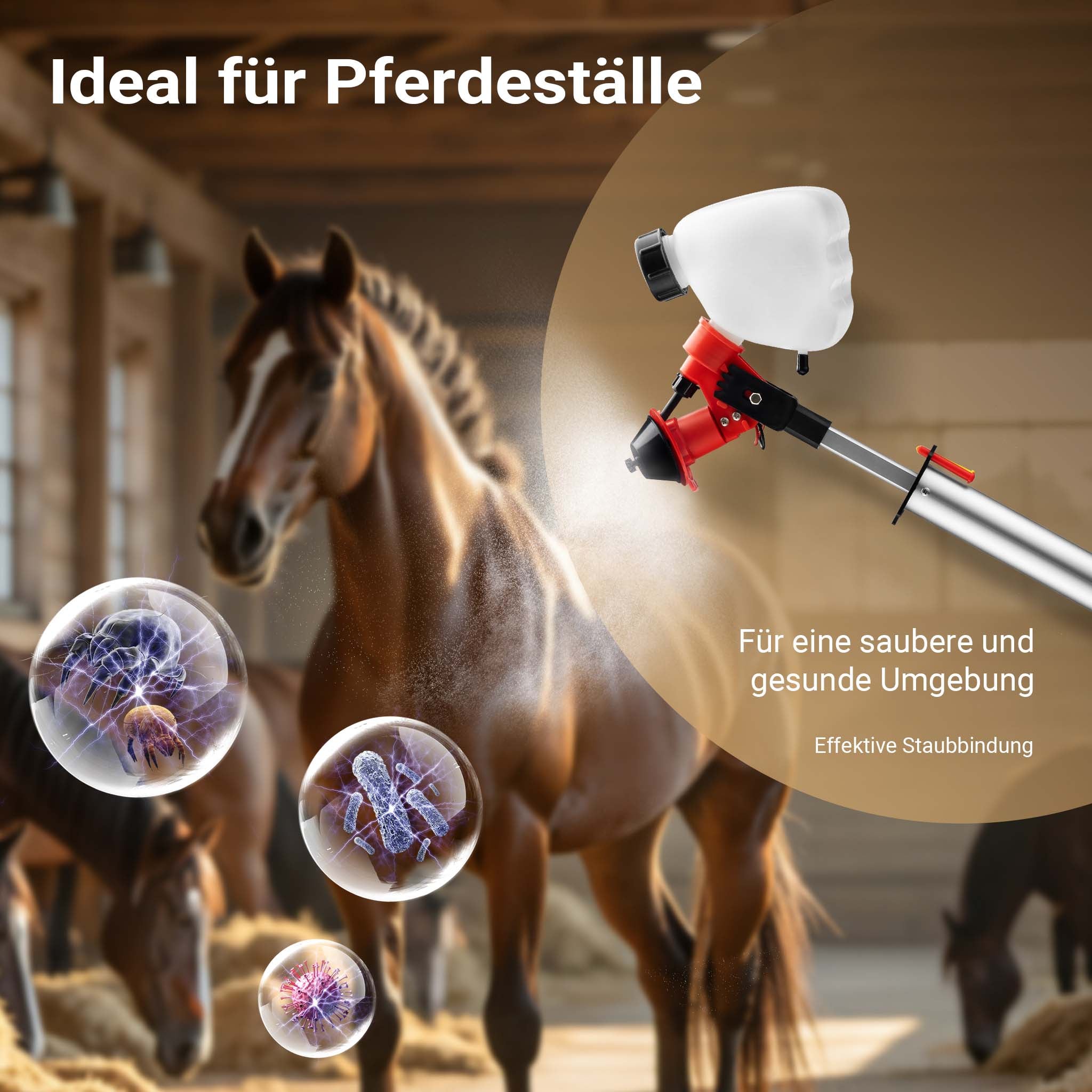 Spruzzatore a batteria MicroULV+ per depolverizzazione scuderia, 3 ugelli, angolo di spruzzo regolabile, Nebulizzatore a batteria max 20 ore