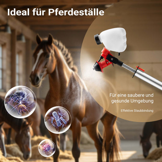 Spruzzatore a batteria MicroULV+ per depolverizzazione scuderia, 3 ugelli, angolo di spruzzo regolabile, Nebulizzatore a batteria max 20 ore