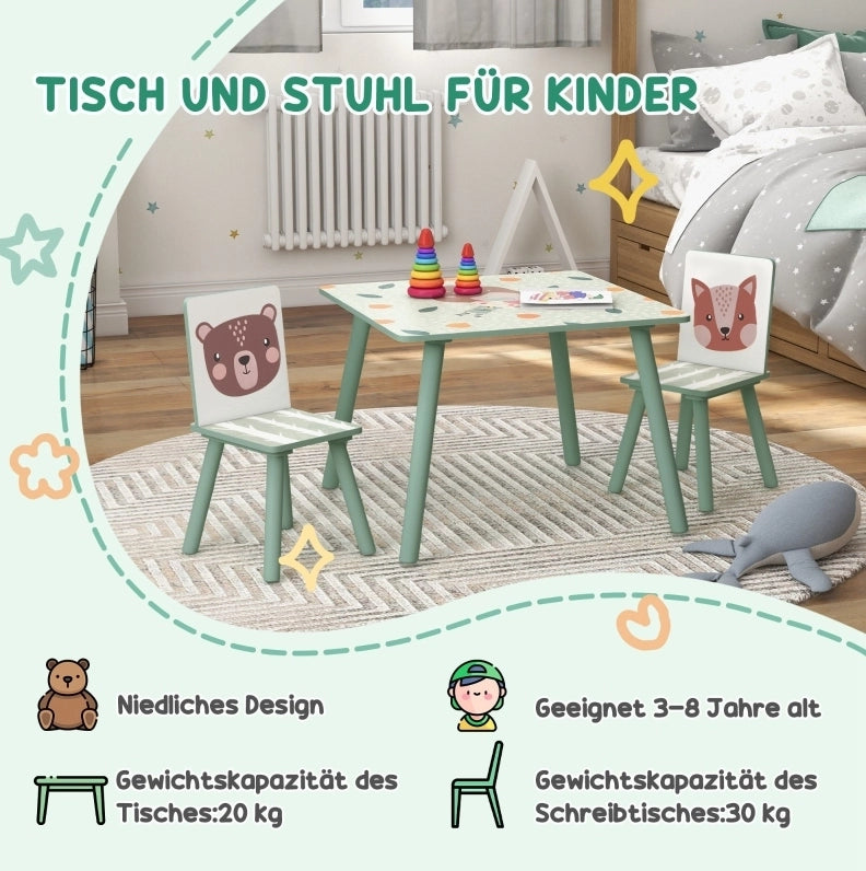 Tavolo per bambini con 2 sedie, verde, in legno