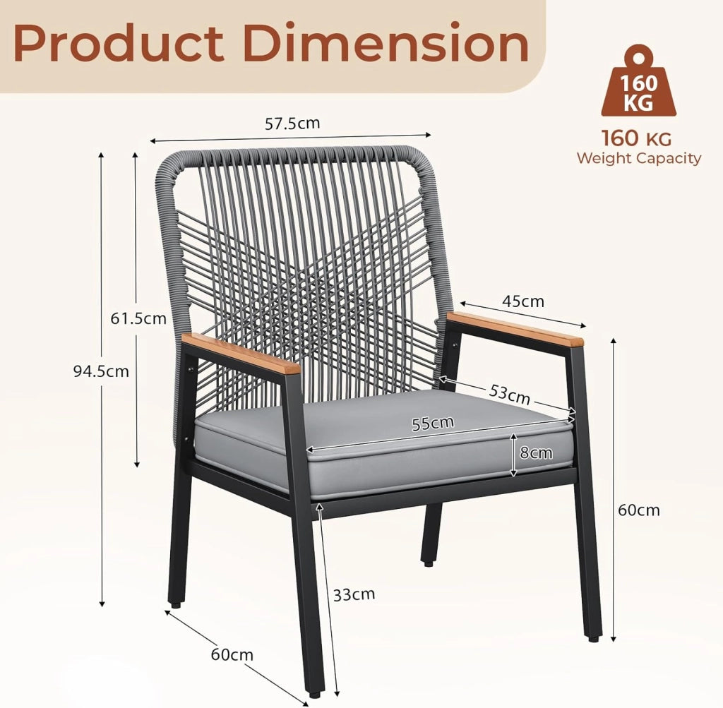 Sedie da giardino in rattan, Set da 1, Sedie da patio resistenti alle intemperie, Sedie da balcone in metallo, Portata massima 160 kg, Braccioli in WPC, Per patio, giardino e veranda, Grigio