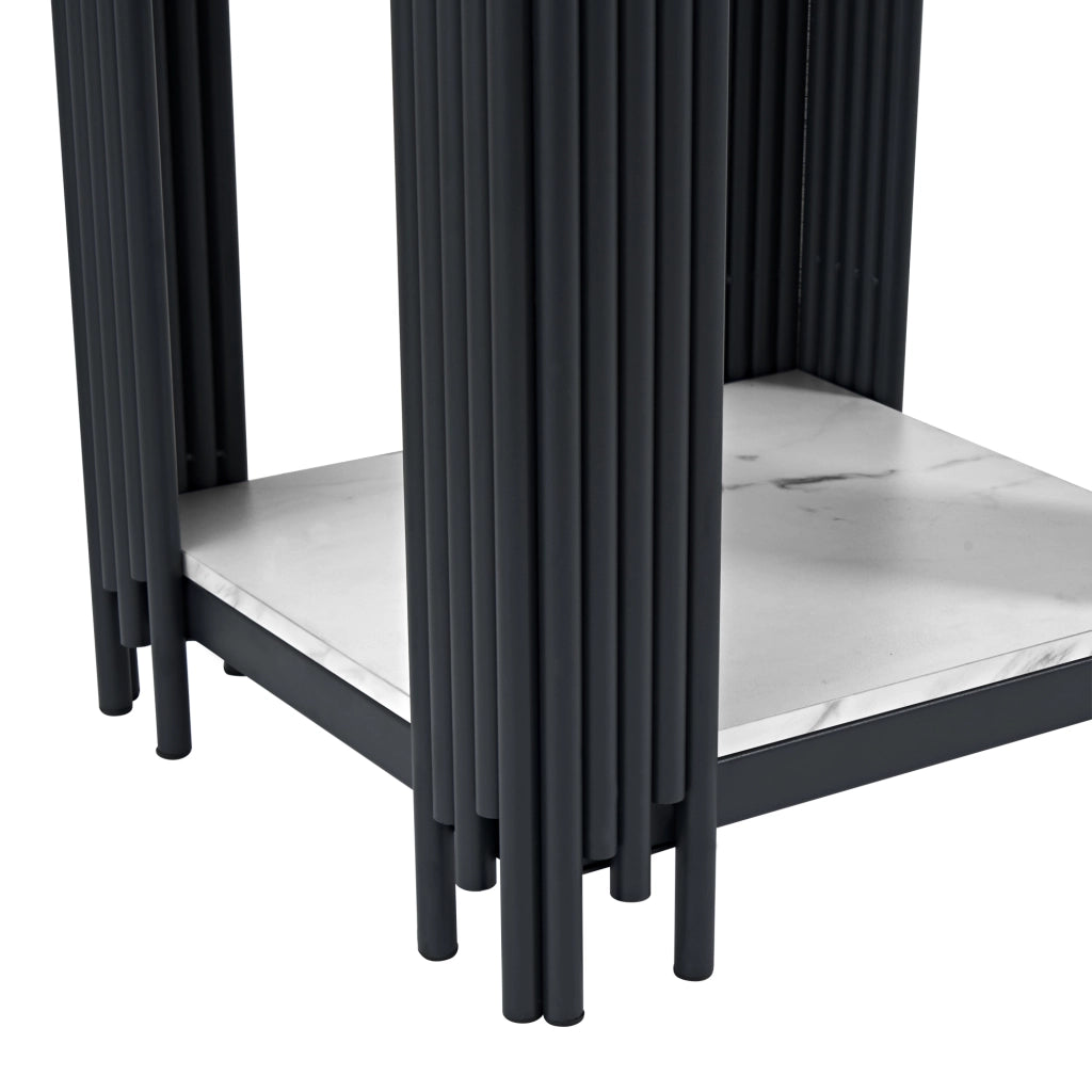 Comodino con 2 ripiani, struttura in metallo nero e piano in MDF effetto marmo, per camera da letto e soggiorno, bianco e nero, 43 × 40 × 55 cm