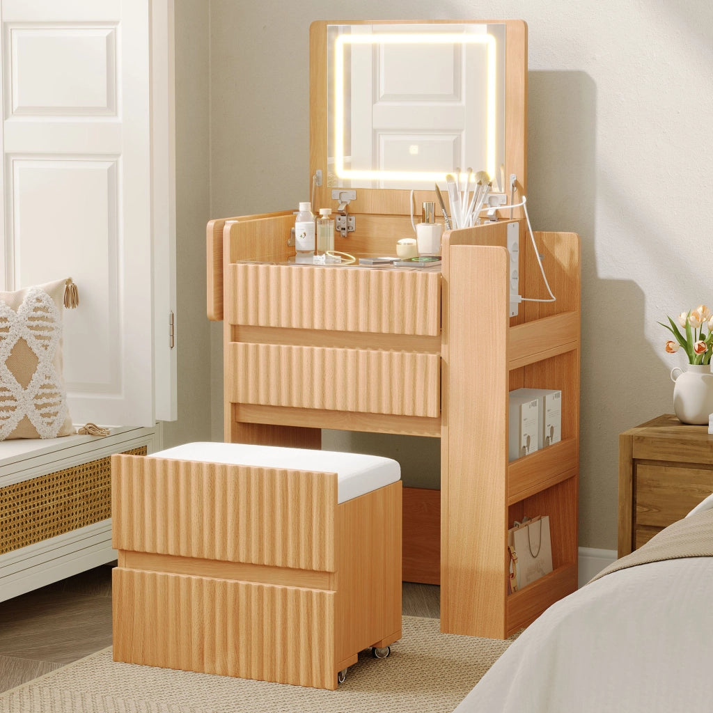 TOELETTA con specchio LED pieghevole 79x120x40 cm Natural con sgabello