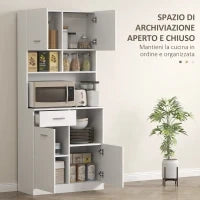 Mobile Dispensa in Legno con Cassetto, 4 Armadietti e 3 Ripiani Aperti, 80x35x180 cm, Bianco