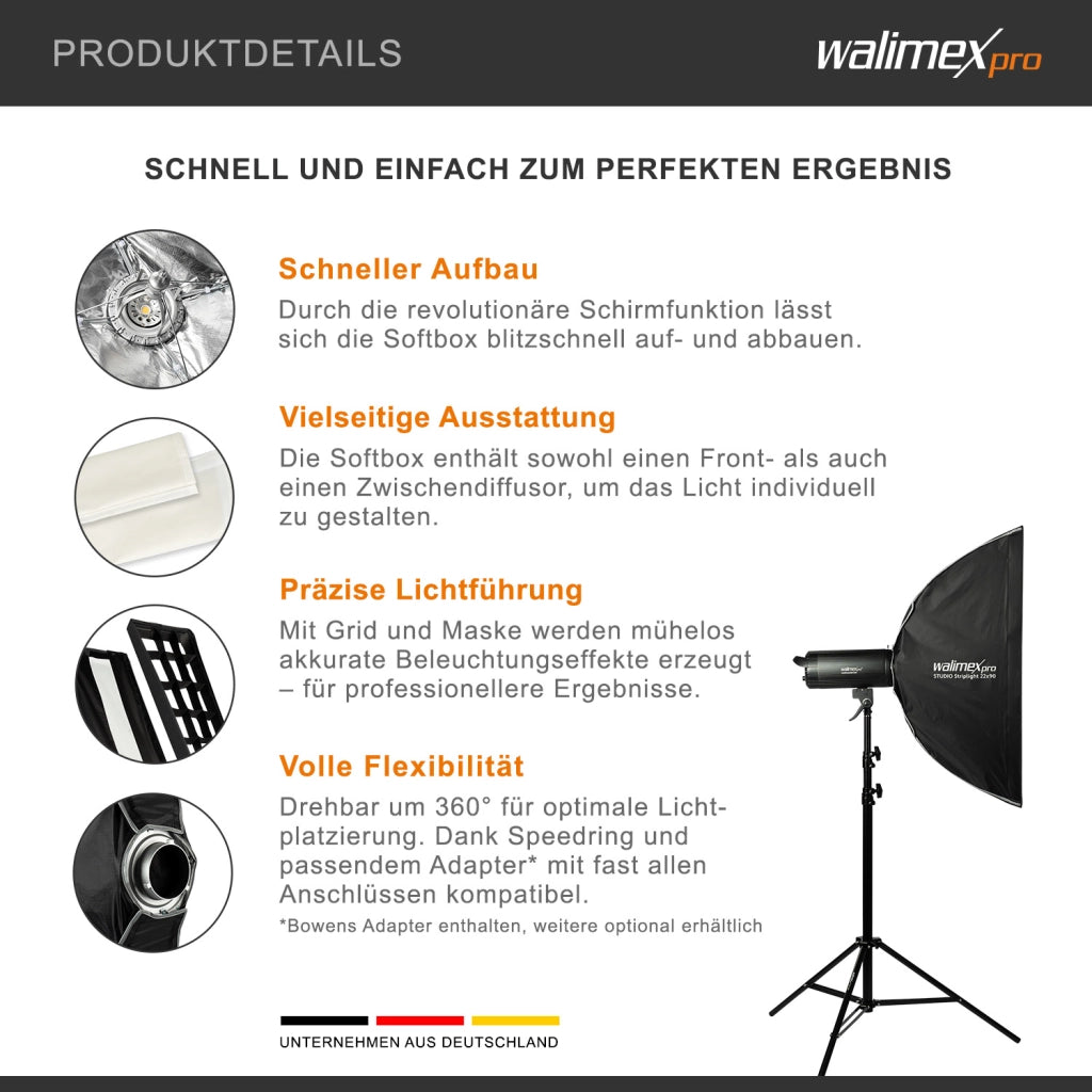 Studio Striplight Softbox 22x90cm + adattatore softbox per Hensel Expert, ruotabile a 360°, facile da montare grazie alla funzione ombrello, include griglia, maschera