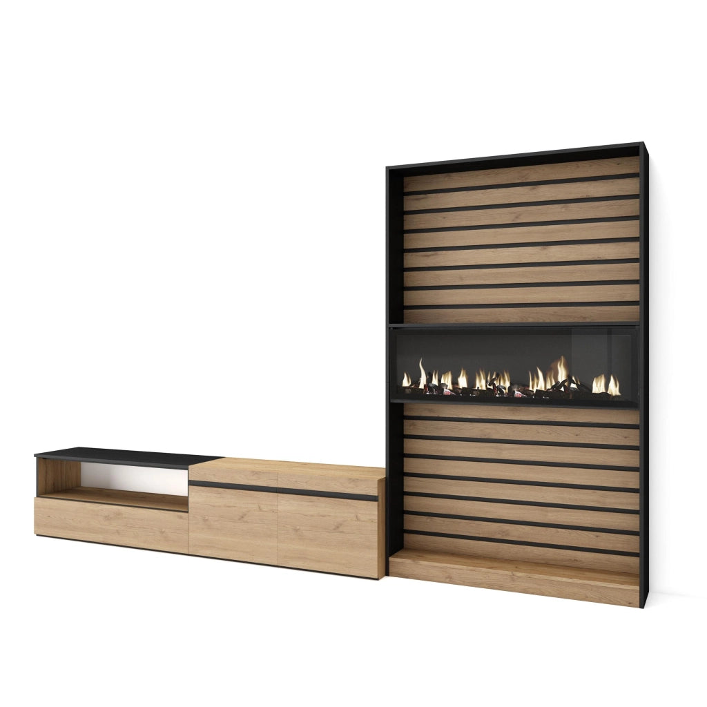 Mobile TV, Soggiorno, 310x35x186cm, Per TV fino a 80", Camino elettrico, colore Rovere e nero RF2861
