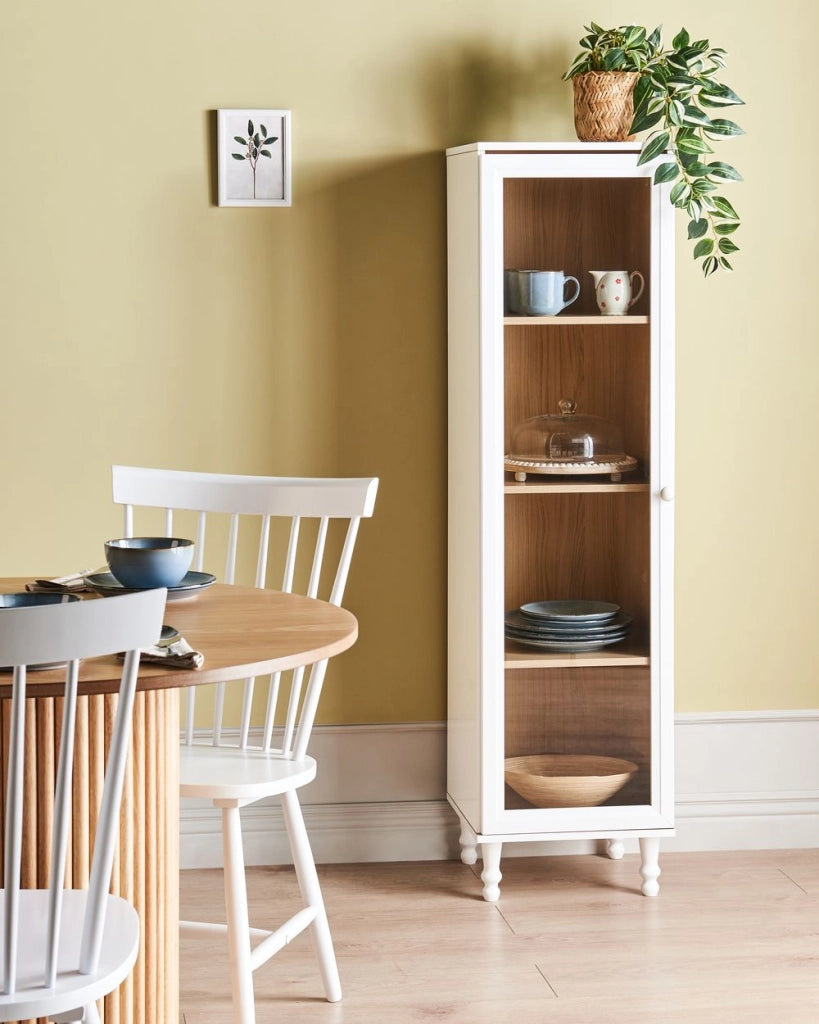Mobile decorativo 40 cm bianco con legno chiaro in legno ingegnerizzato con display in vetro Classico scandinavo a ripiani alti Sala da pranzo Soggiorno