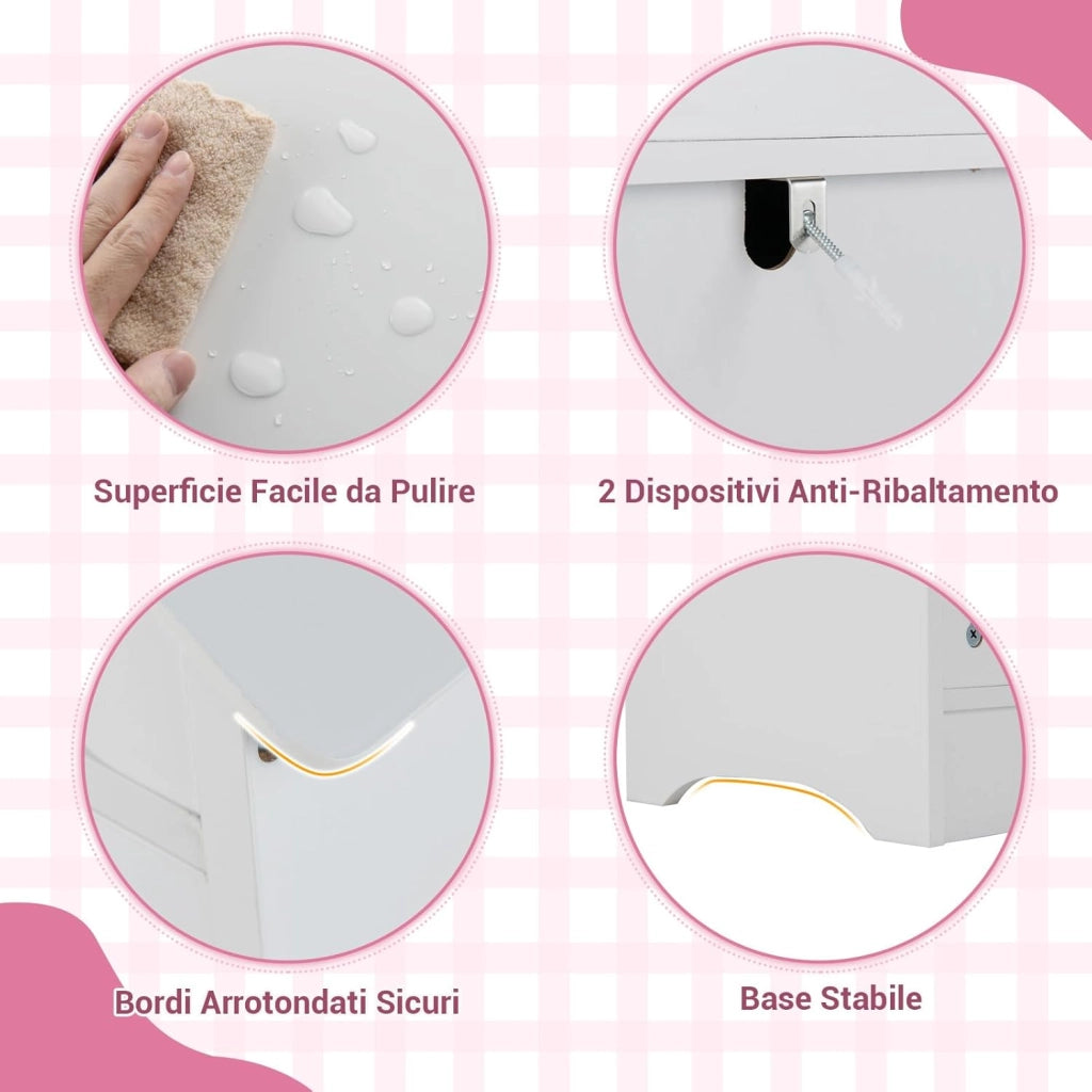 Armadio con Specchio per Bambini, Guardaroba Coperto con Appendiabiti Aperto, Scaffali e Ganci, Armadio e Organizzatore di Costumi per Camera da Letto e Stanza dei Giochi (Bianco)
