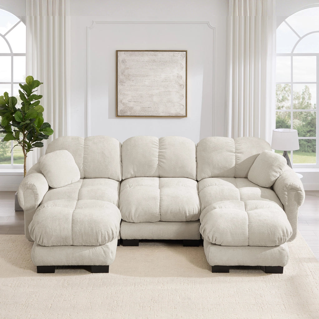 Divano a U 260x149x90 cm in ciniglia color kaki chiaro con pouf mobile