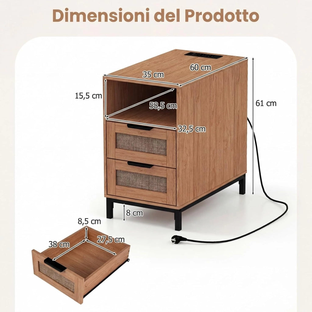 Tavolino con Stazione di Ricarica, Comodino in Rattan con 2 Cassetti, Ripiano Aperto e Gambe in Metallo, Tavolino per Camera da Letto, Soggiorno e Ingresso (Naturale)