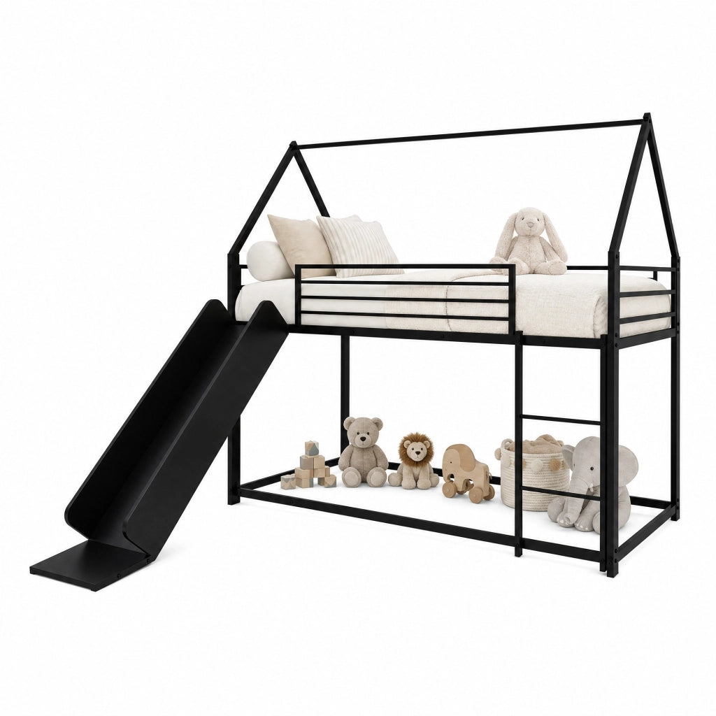 Letto a castello per bambini 194 × 185 × 176.5 cm con scivolo e scale in metallo nero