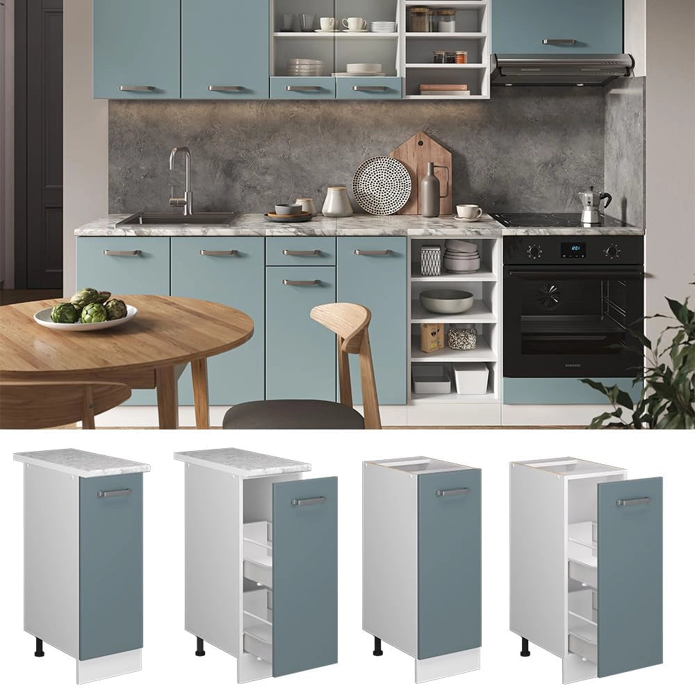 Armadio cucina dispensa alto R-Line, Grigio-blu, 30 cm, PL Marmo, per la libera combinazione all'interno di sistemi cucina modulari