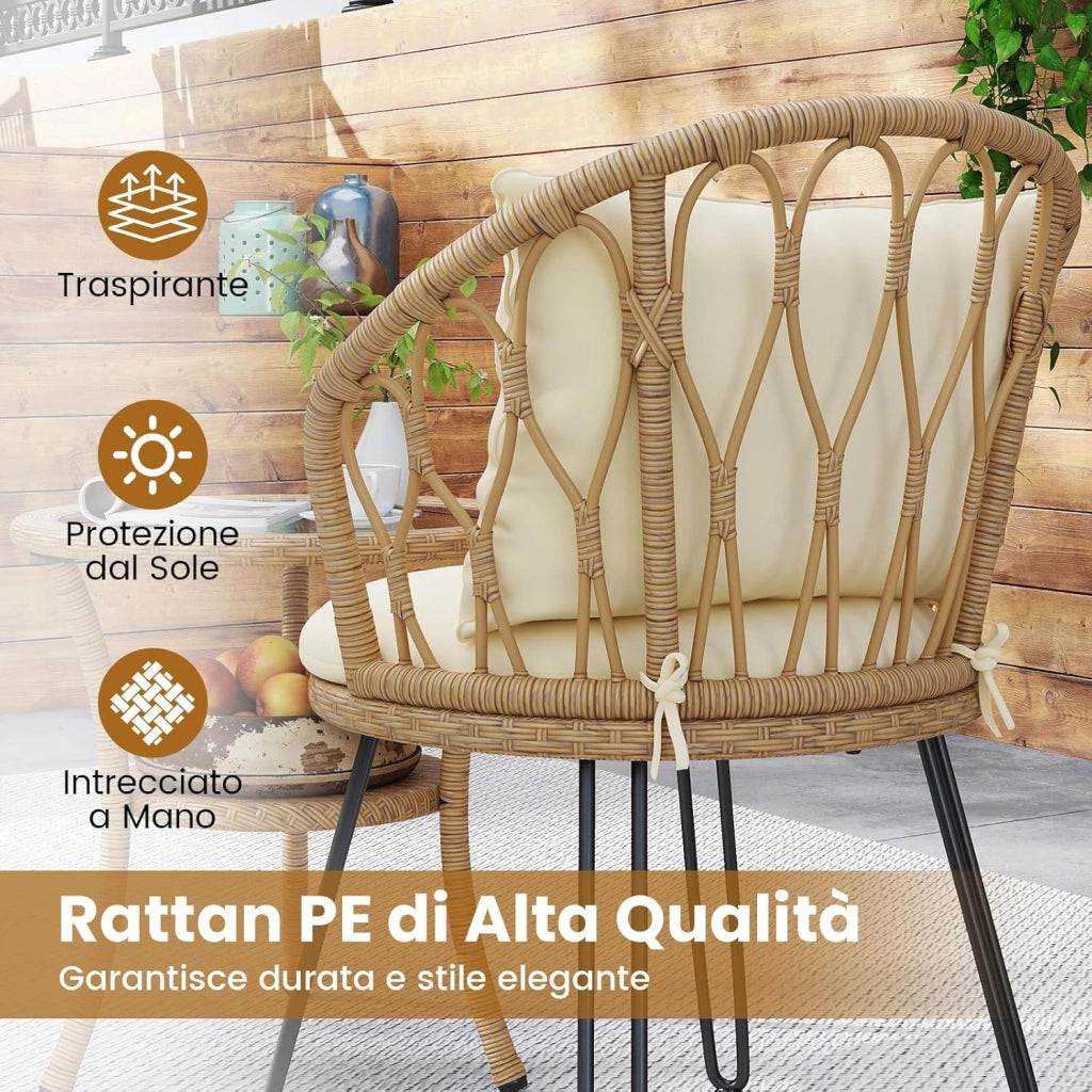 Set da Bistrò in PE Rattan 3 Pezzi, Set Conversazione con Cuscini e Tavolino da Caffè in Vetro Temperato a 2 Livelli, Mobili da Esterno con Sedie in Rattan per Balcone, Terrazza e Giardino