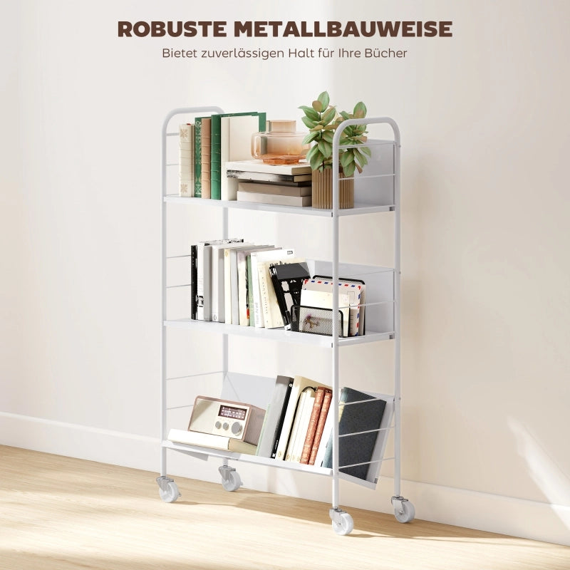 Libreria a 3 livelli con ruote, struttura in metallo, 69 x 26 x 108 cm, bianco