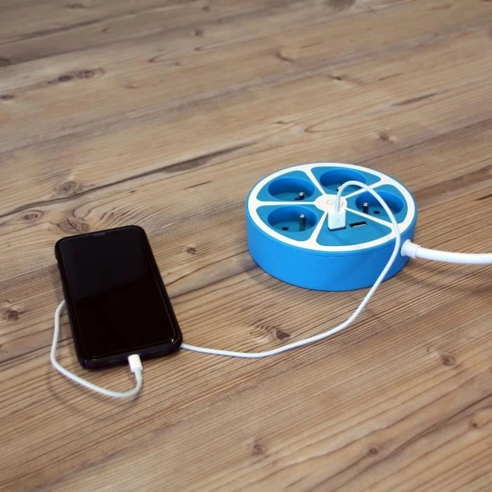 Multipresa design circolare - CHACON - 4X16 A - Cavo 1,5 m - Con 2 USB-A + Switch - Blu