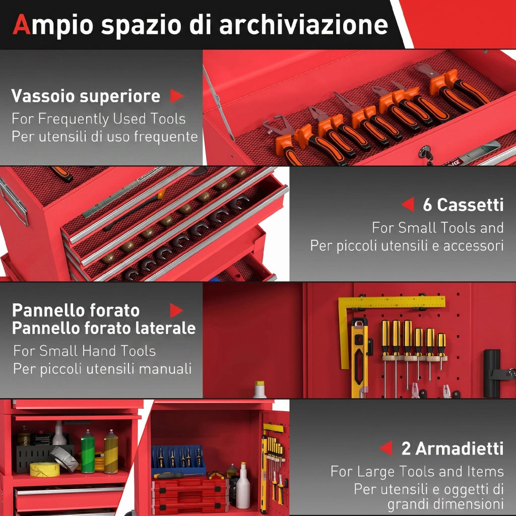 Carrello Porta Attrezzi 60,5x33,5x131 cm con Serratura 6 Cassetti 2 Armadi in Acciaio Rosso