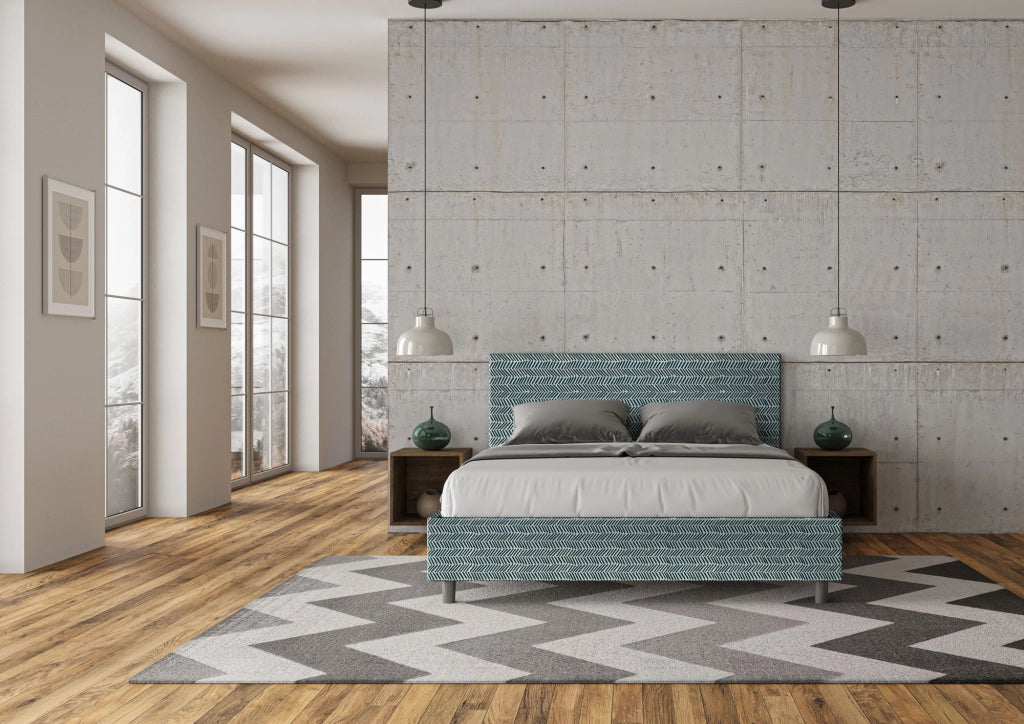 Letto Matrimoniale 160x200 cm con Rete e Contenitore Giroletto con Alzata Comoda Imbottito in Tessuto Aragona Adele Blu