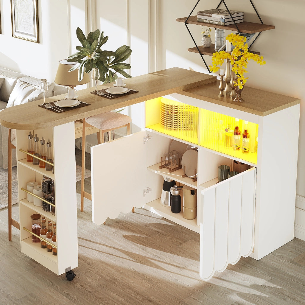 Tavolo Bar Estensibile con Vano Contenitore; Porta Scorrevole in Vetro; LED; USB e Ruote per Cucina e Soggiorno