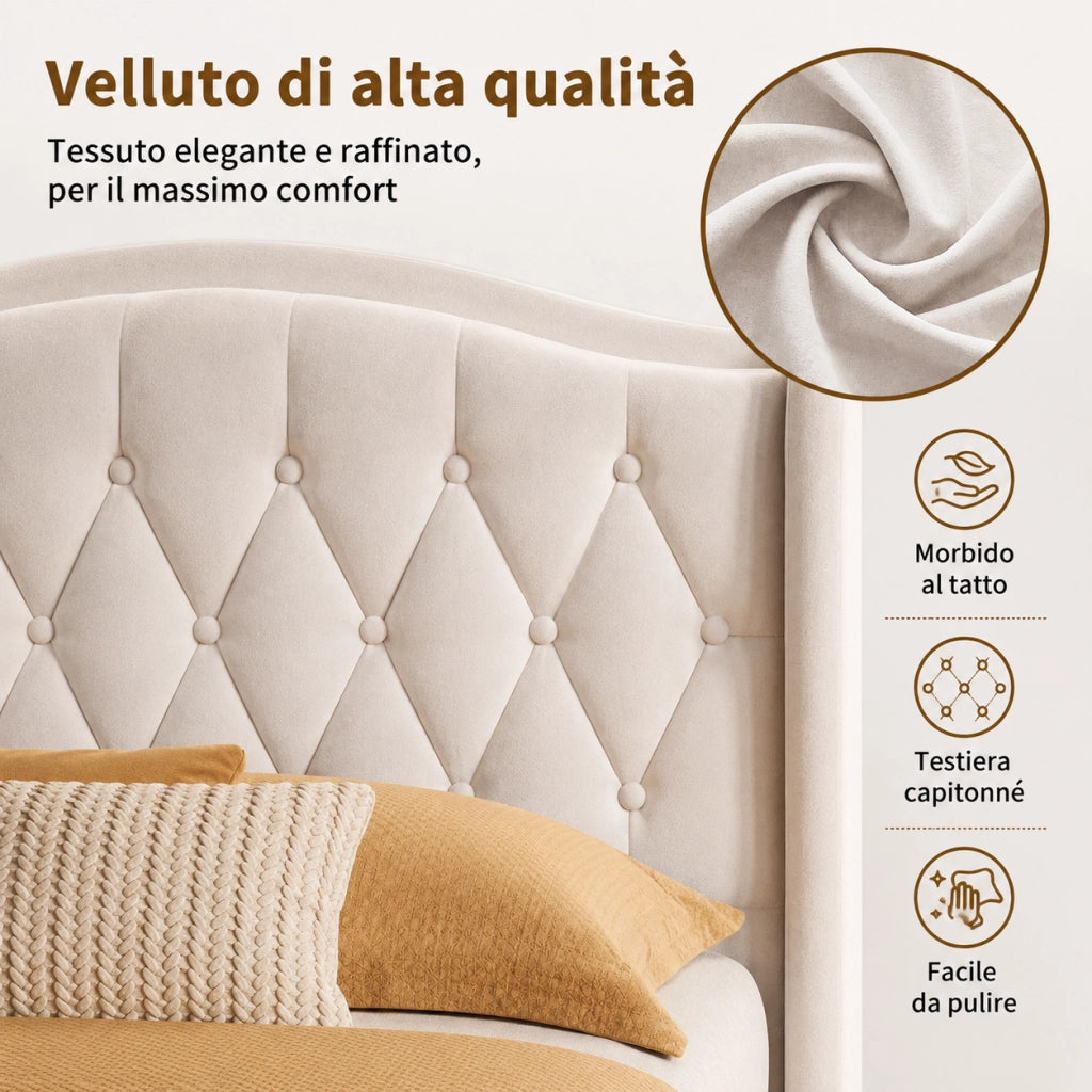 Letto a molle a sollevamento idraulico, testiera velluto beige, con luci LED RGB, stazioni di ricarica USB e wireless, scomparti porta oggetti, 160x200 cm