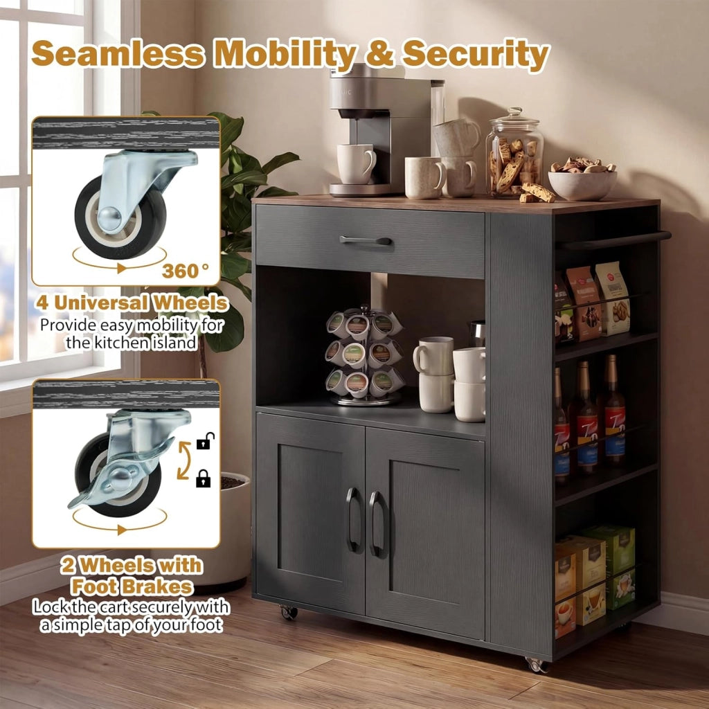 Credenza da Cucina su Ruote, Isola Mobile, Carrello da Servizio con Cassetto e 3 Ripiani, 2 Colori, 75 x 46 x 90,5 cm (Nero)