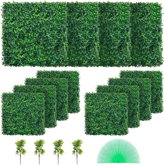 12 pezzi di pannelli di buxus artificiale UV 20x20" 4cm foglie verdi pannelli di siepe per decorazione di interni esterni giardino e cortile.