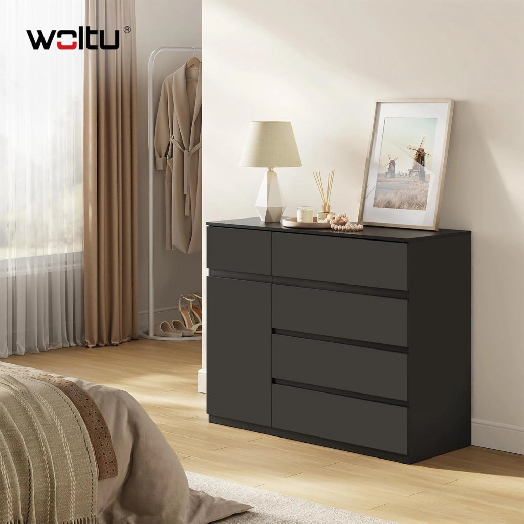Cassettiera Camera da Letto, Mobiletto Salvaspazio con 5 Cassetti e 1 Armadietto, Ripiano Regolabile, per Soggiorno, Ingresso, 100x40x80 cm, Nero