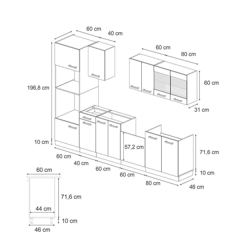 Vicco Cucina componibile Rovere artigianale/bianco 300 cm con armadio alto, PL Marmo