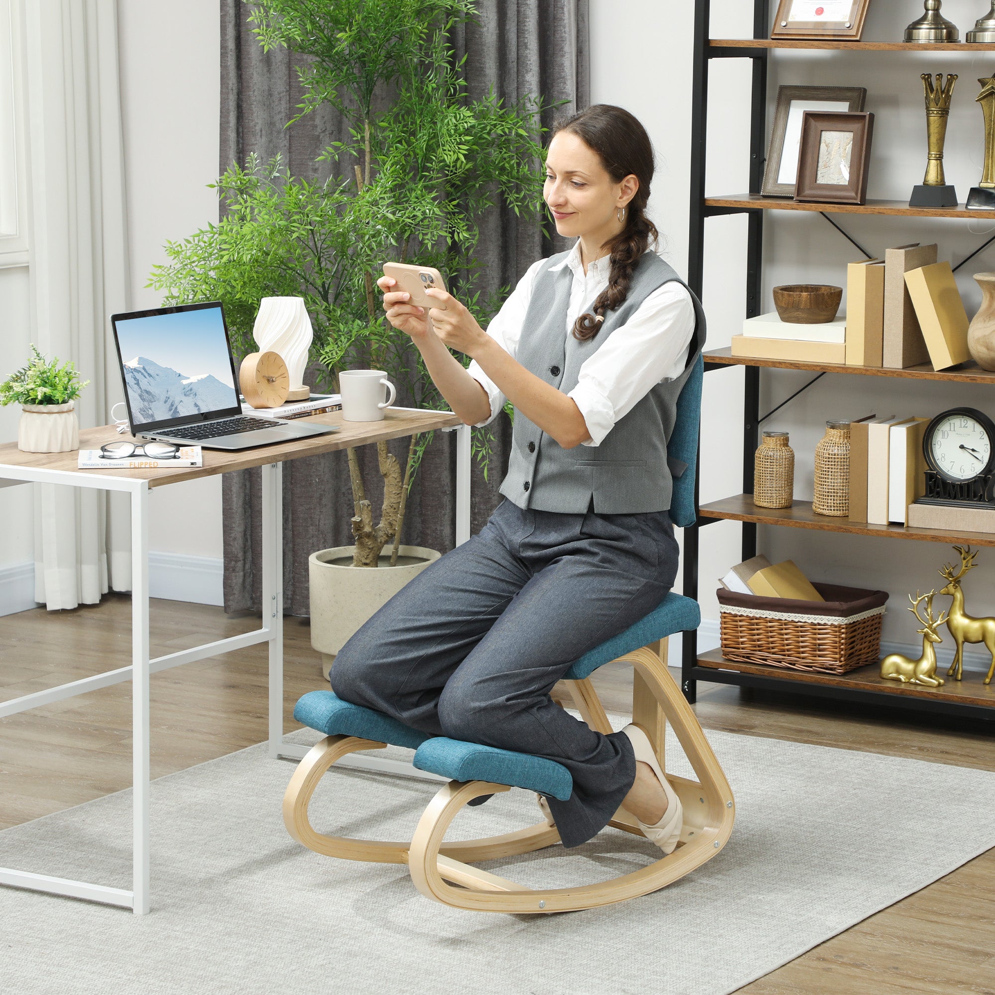 Sedia Ergonomica Inginocchiatoio con Schienale 51x84x93 cm in Legno di Betulla e Cuscini Blu