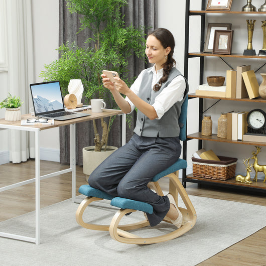 Sedia Ergonomica Inginocchiatoio con Schienale 51x84x93 cm in Legno di Betulla e Cuscini Blu