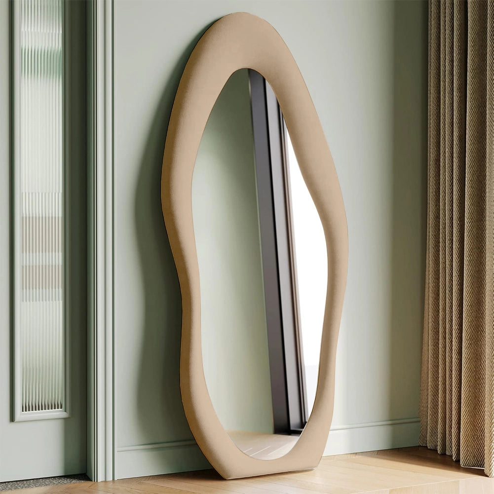 Specchio Grande Ondulato con Cornice Rivestimento in Velluto Cachi 60 x 160 cm