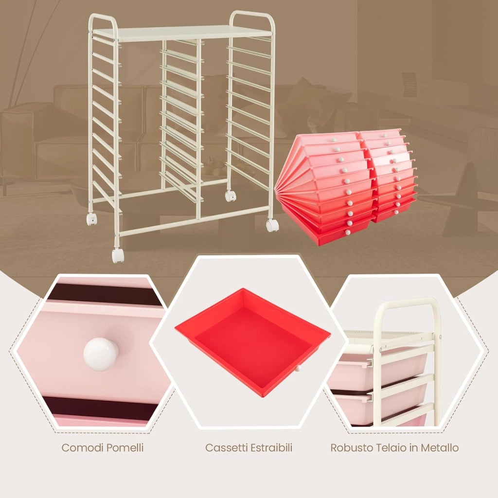 Carrello di Stoccaggio con 20 Cassetti, Carrello portaoggetti con 4 Ruote, Carrello Multiuso per Scuola Ufficio Cucina, 64 x 39 x 88 cm (Rosa)