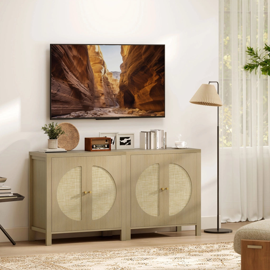 Credenza con 2 ante effetto rotin e ripiano regolabile ¨C zephmum ¨C 75x38x77 cm, legno naturale