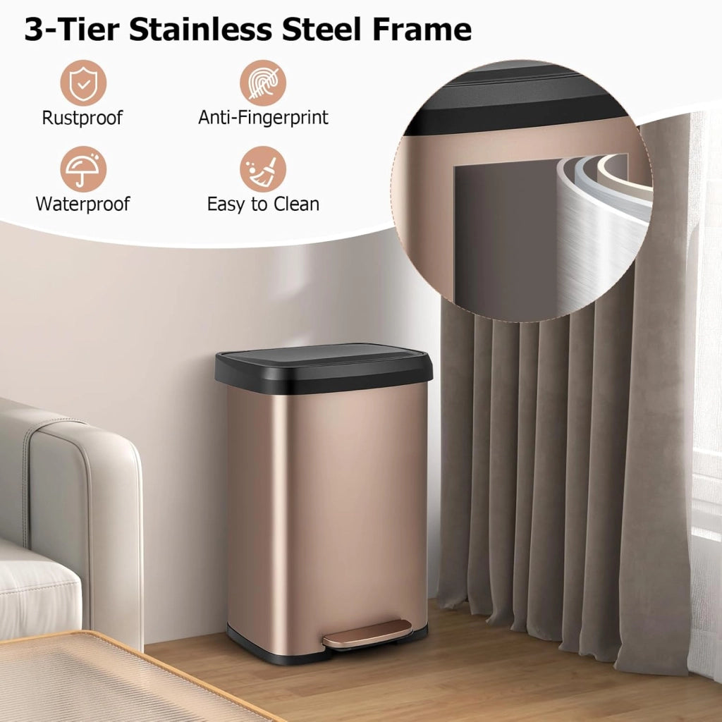 Pattumiera da Cucina da 50 L, con Coperchio e Pedale, in Acciaio Inox e Plastica, con Scomparto per Deodorazione, 41 x 39 x 61 cm (Rosa Dorato, 50L)