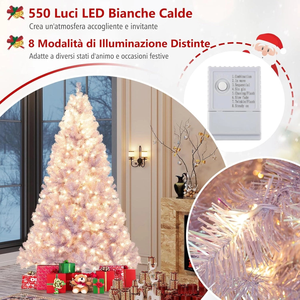Albero di Natale 225 cm, Albero di Natale Preilluminato con 1300 Rami Folti, 550 Luci LED Bianco Caldo, 8 Modalità e Base, Decorazione Natalizia per Casa e Ufficio (Viola, 225 cm)