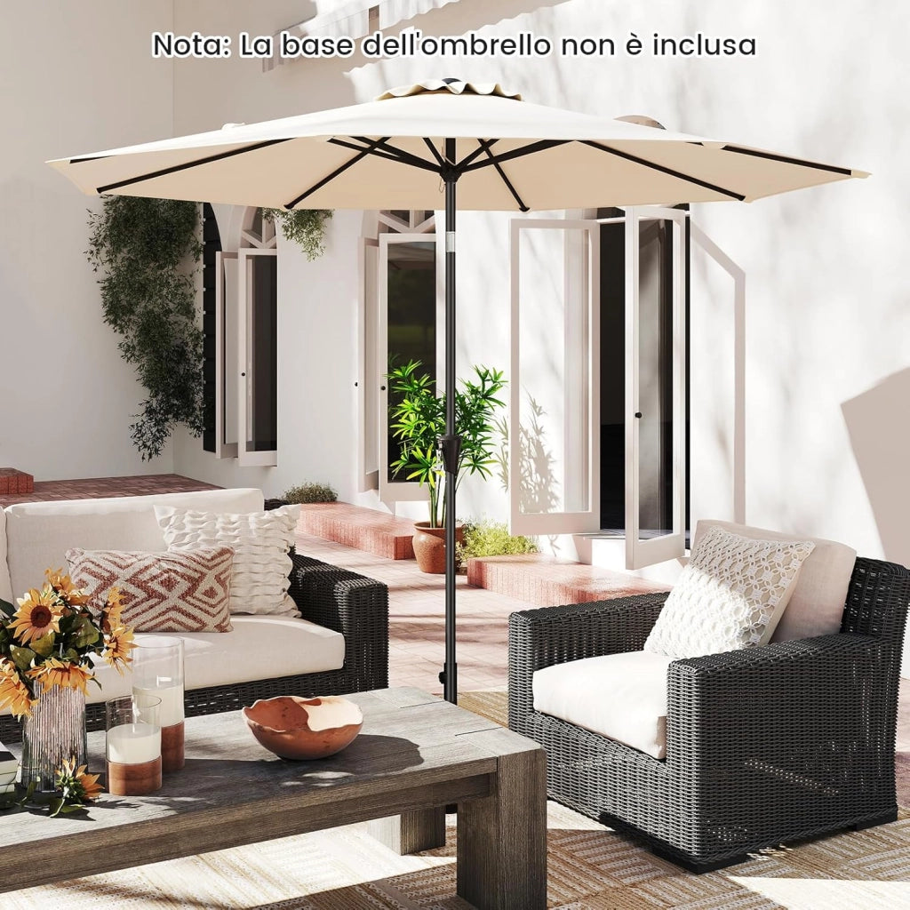 Ombrellone da Giardino 290 cm, con Inclinazione Regolabile, Ombrellone Esterno con 8 stecche Manovella, per Spiaggia Piscina Cortile (Beige, 290 cm 8 Stecche)