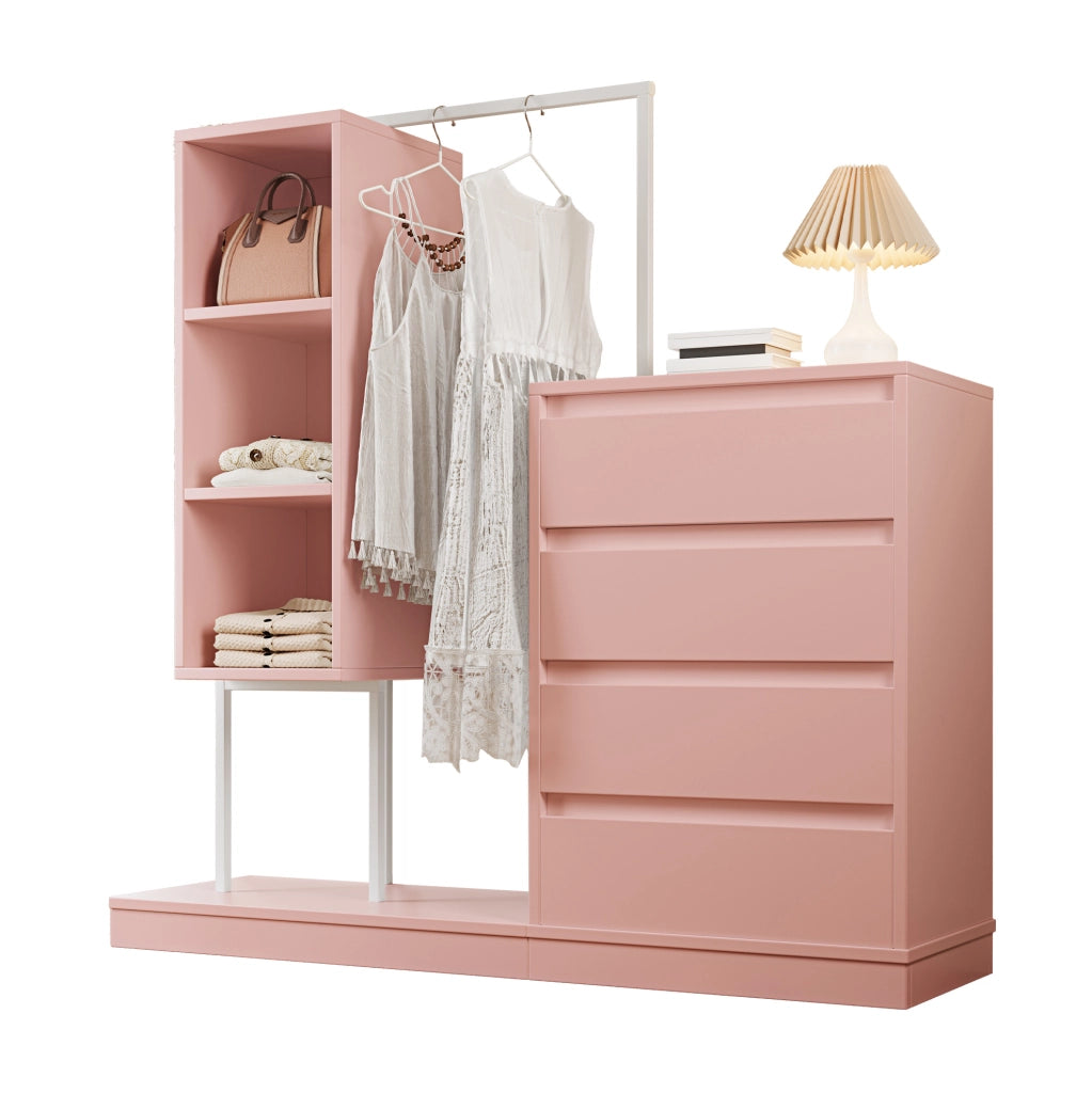 Mobile guardaroba 100x40x135 cm con quattro cassetti e barra appendiabiti in truciolare e metallo rosa e bianco