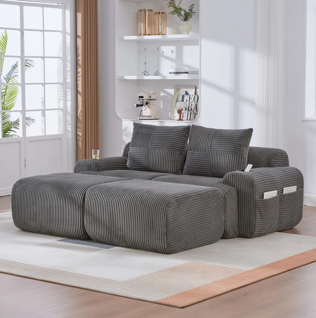 Divano modulare a 2 posti in corduroy grigio scuro; 200x174x80 cm; con portabicchieri e tasca laterale