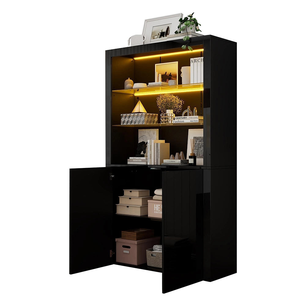 Credenza Vetrina 100x35x170cm - Xylo - Luci LED e Ripiani in Vetro, Colore Nero