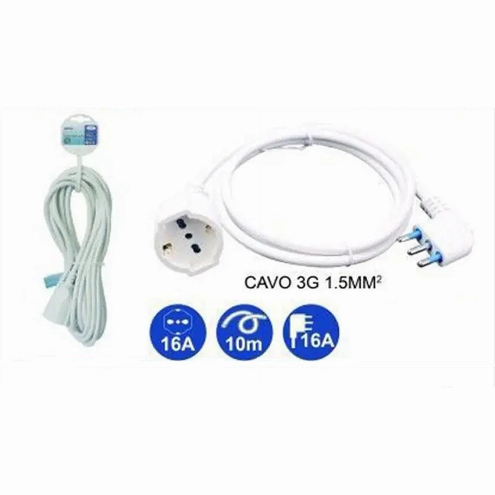 Trade Shop - Prolunga Lineare Cavo A 90° 10 Mt Spina 16a Presa Schuko Universale Bianca 83290 -