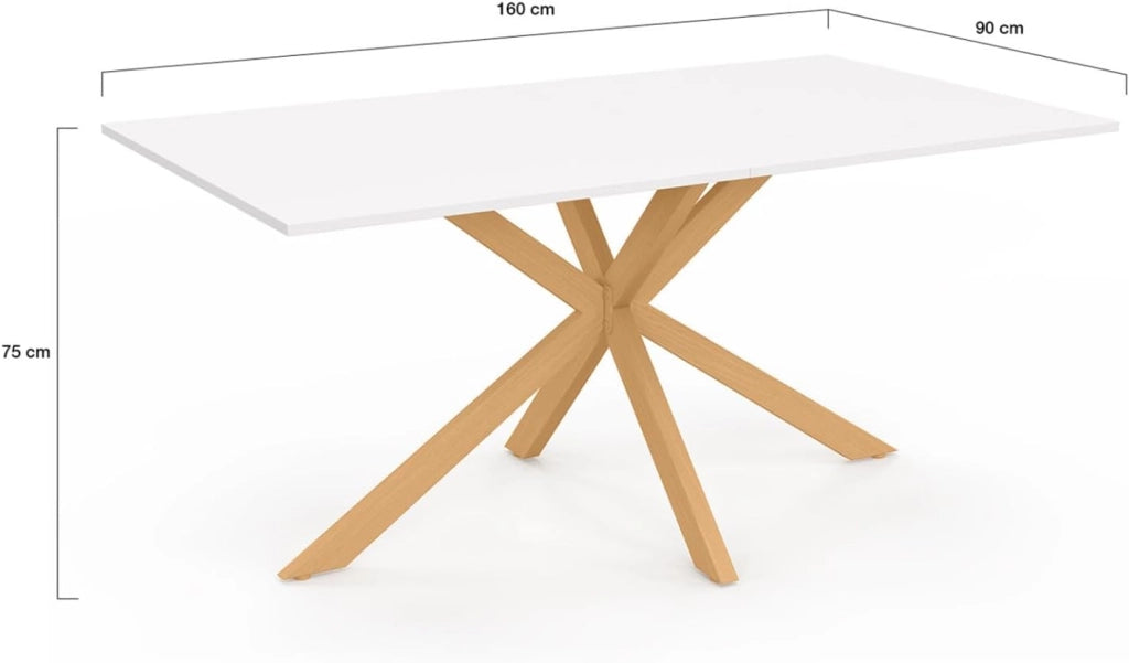 Tavolo da pranzo rettangolare per 8 persone GISELE con gamba a ragno in legno e piano bianco 160 cm