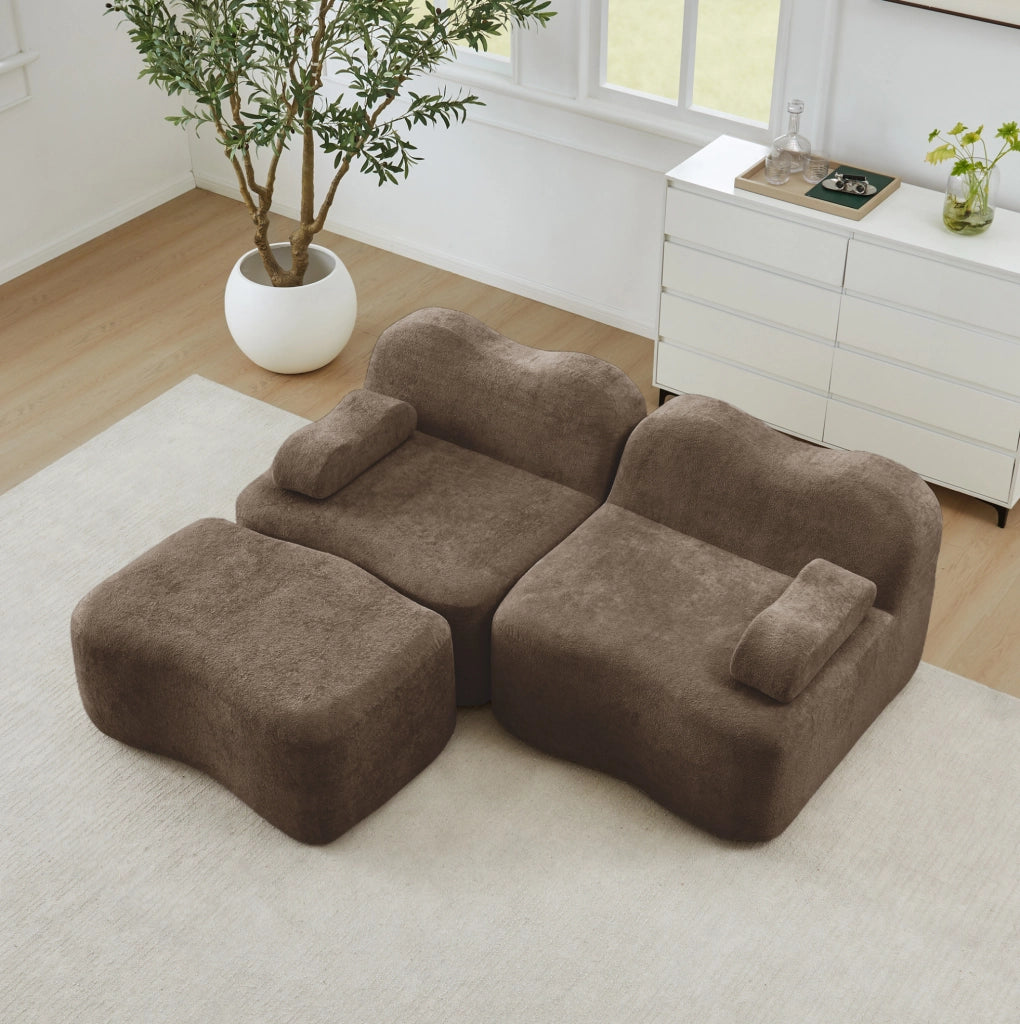 Divano modulare angolare in velluto marrone con pouf; 192x167x70 cm; senza montaggio