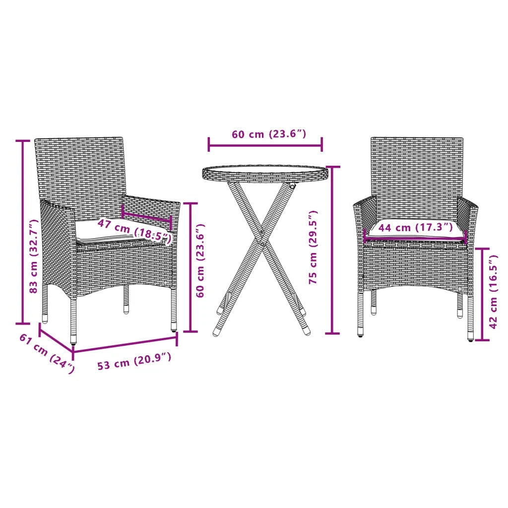 Set da BistrÃ² 3 pz con Cuscini Nero Polyrattan e Vetro