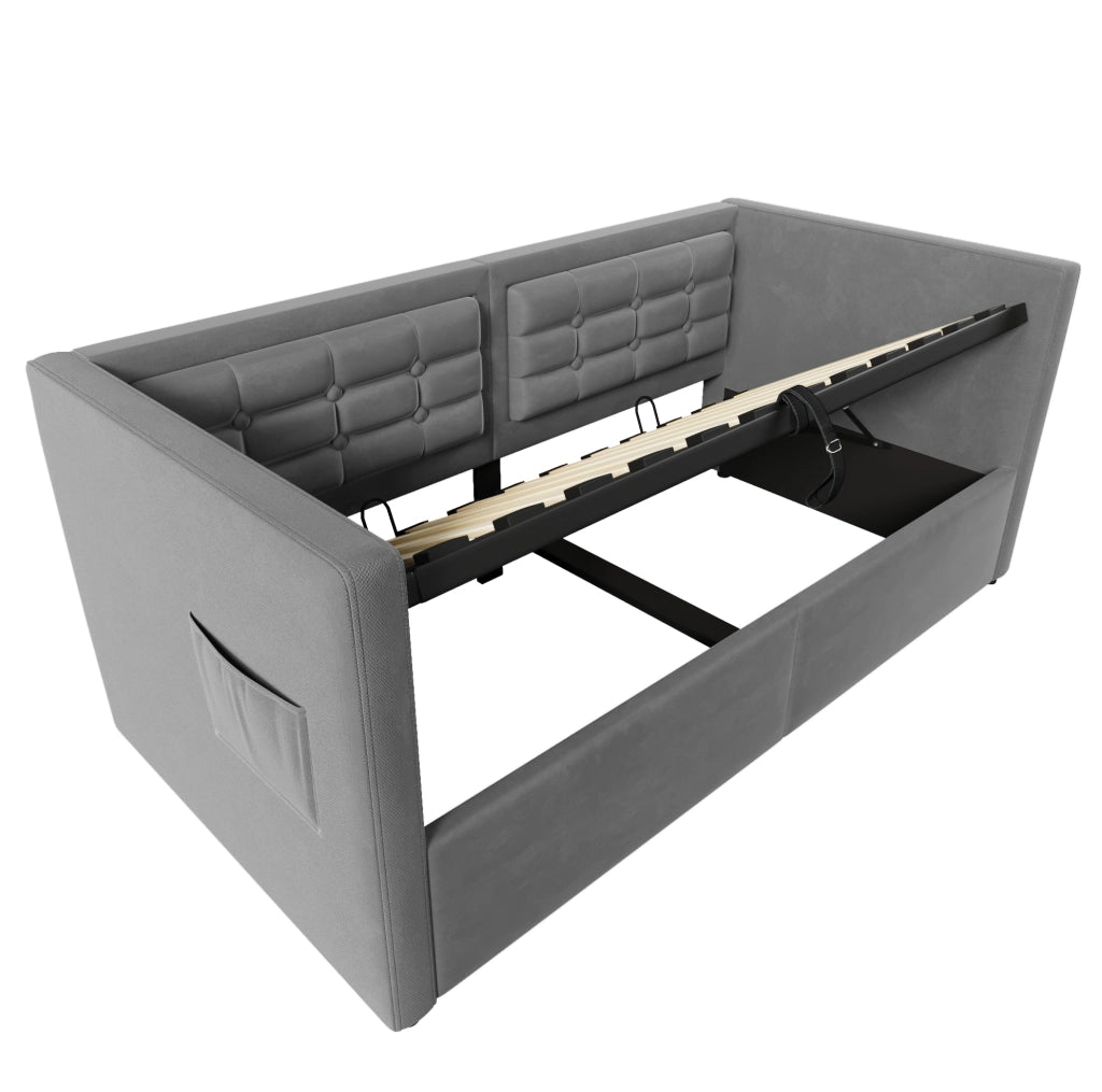 Divano letto con contenitore idraulico 90x200 cm in velluto grigio; con porta USB e Type-C