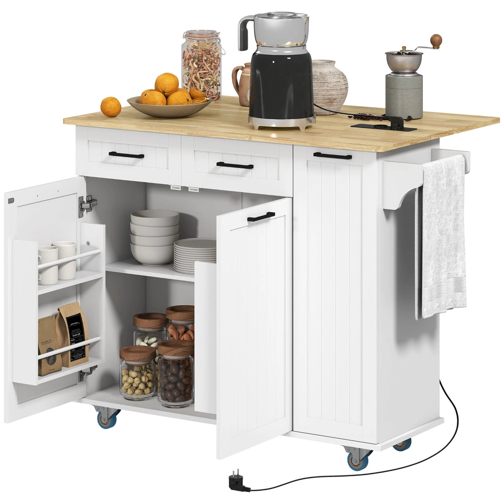 Tavolo da cucina mobile con ripiano pieghevole, 2 cassetti, porta spezie, attaccapanni e presa USB ¨C Zephmum ¨C Bianco 119.5x74x94.5 cm