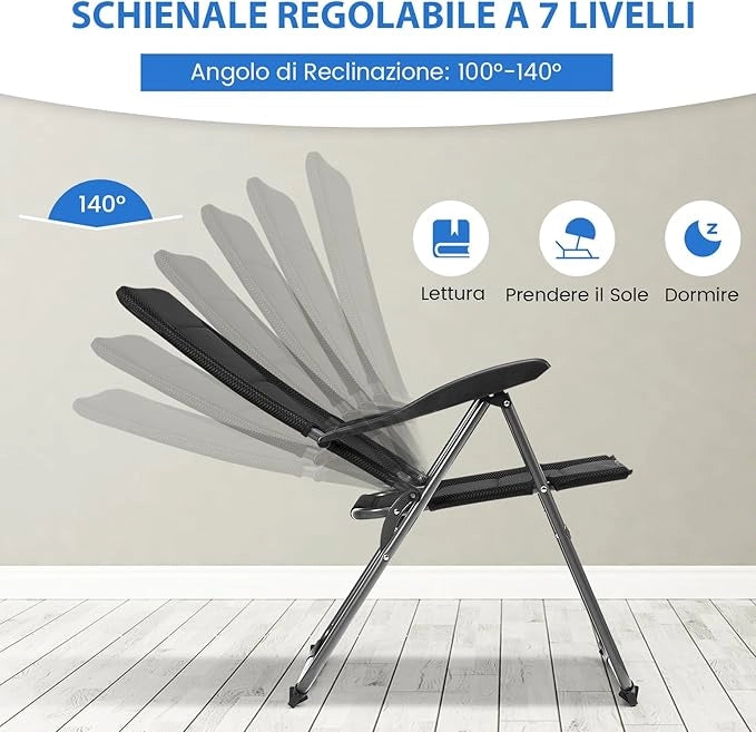 Set di 2 Sedie da Giardino, Poltrona Reclinabile da Giardino con Schienale Regolabili a 7 Posizioni, Sedia Pieghevole Imbottite per Giardino,Spiaggia, Portata 136 kg